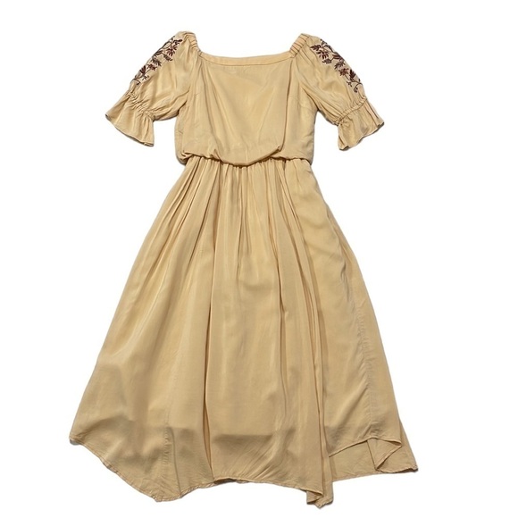 Mystrada Dress Womens 38 Tan Blouson Midi Short Sleeve Embroidery Floral Pockets - Picture 4 of 17